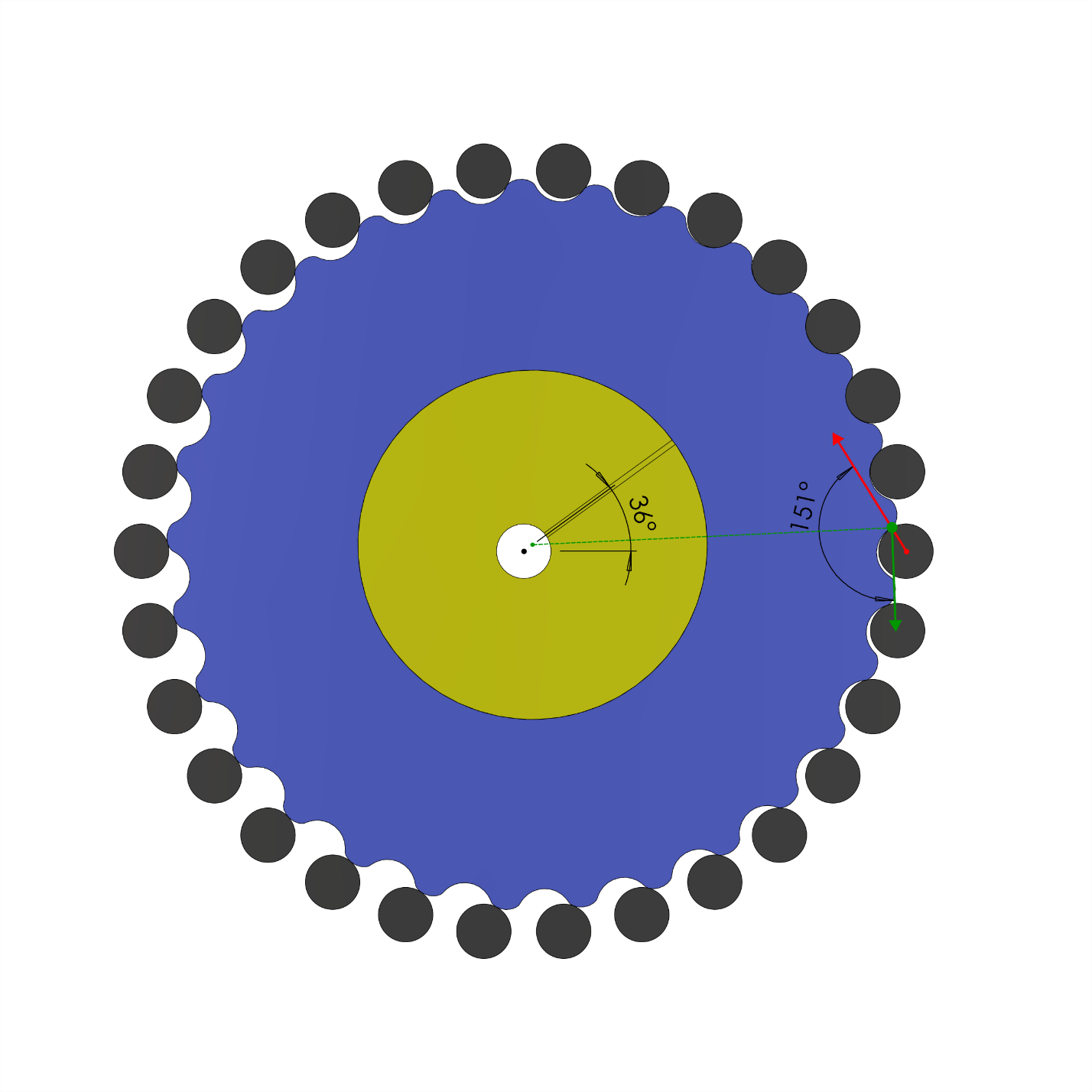 Figure 6. Pressure angle at 36 degrees. Pin is not carrying any load.