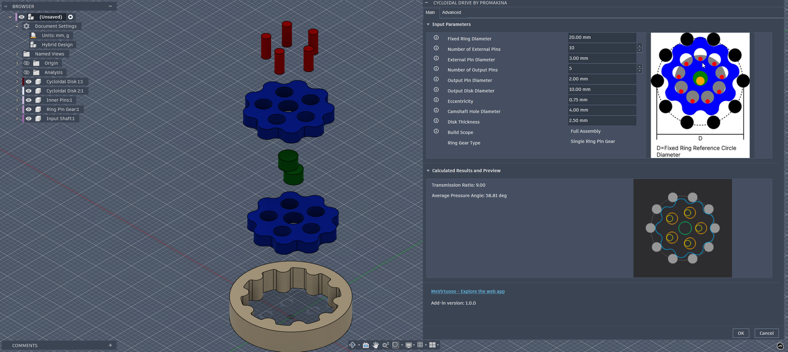 Exploded view of a cycloidal drive in Fusion360