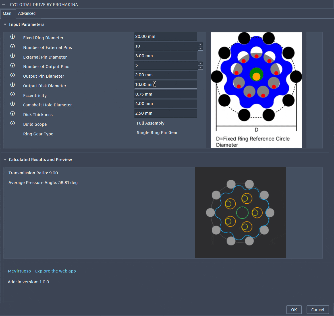 Cycloidal Drive Fusion Add-In UI operation